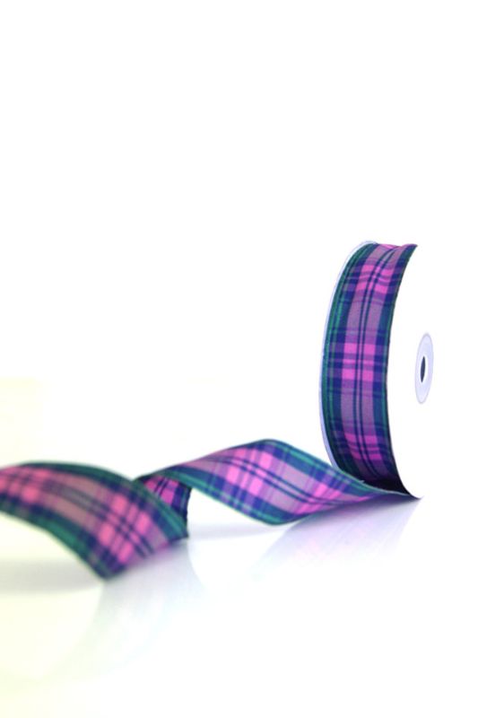 Orchid Tartan Ribbon #8, 23mm wide, 25 yards long, perfect for crafting, gift wrapping, and decorative bows.