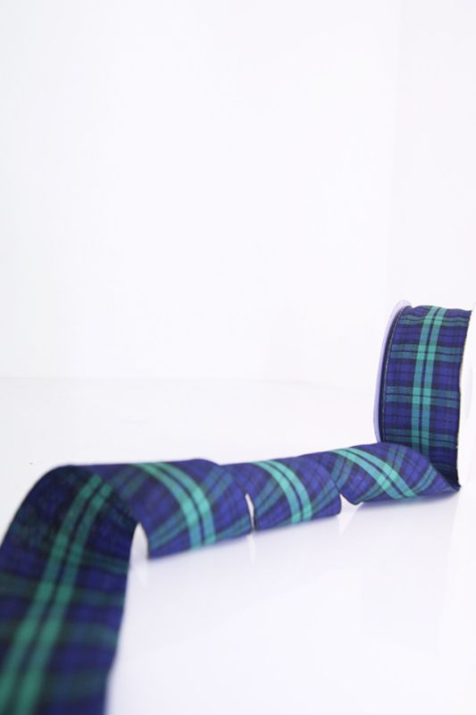 Elegant dark blue tartan ribbon, 38mm wide, perfect for crafting, gift wrapping, and home decor, with 22.86m length.