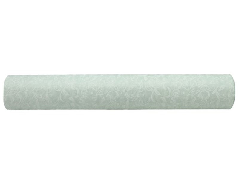 Sage green Vilene fabric roll featuring elegant arabesque design, perfect for home décor and crafting projects.
