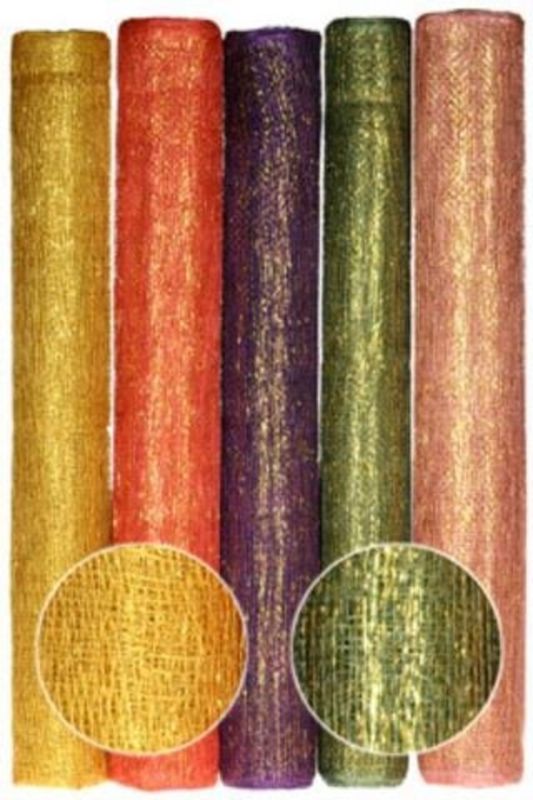 Emerald Sinamay wrap with gold strands, perfect for hats, fascinators, and floral arrangements, measuring 46cm x 9.14m.