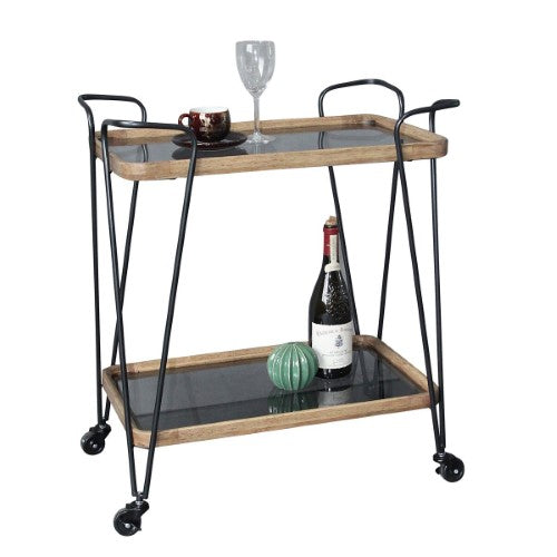 Wooden & Metal Bar Cart (Grey Glass) - Natural/Black - 72cm