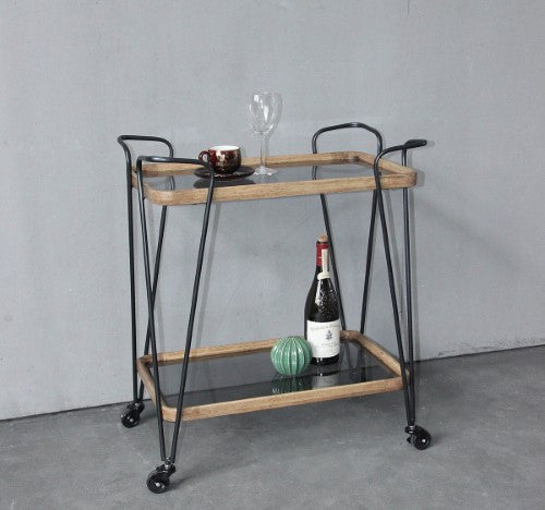 Wooden & Metal Bar Cart (Grey Glass) - Natural/Black - 72cm