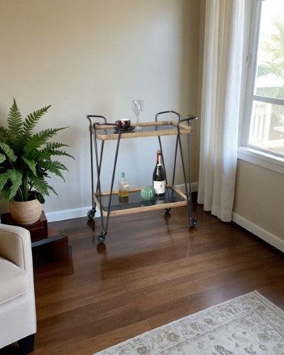Wooden & Metal Bar Cart (Grey Glass) - Natural/Black - 72cm