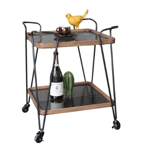 Wooden & Metal Bar Cart (Grey Glass) - Natural/Black - 65cm
