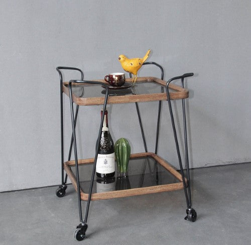 Wooden & Metal Bar Cart (Grey Glass) - Natural/Black - 65cm