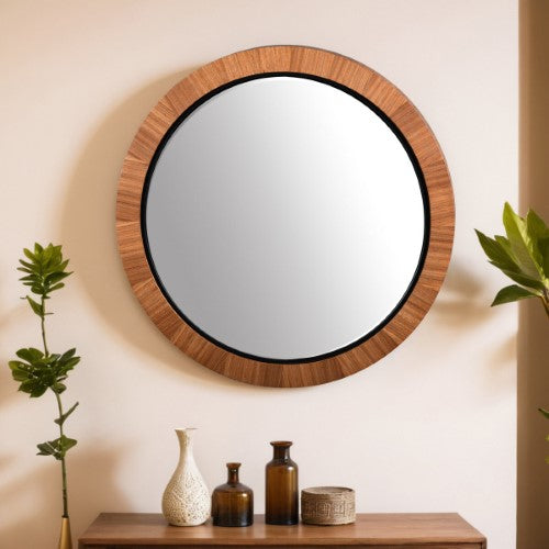 Teak & Black Round Mirror - Teak Veneer