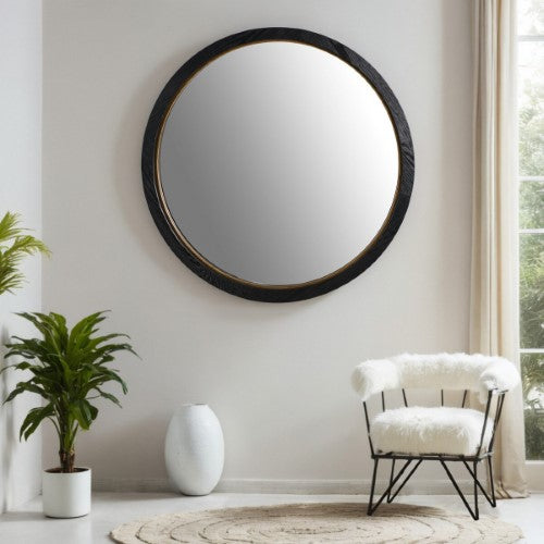 Black Oak & Gold Round Mirror - Oak Veneer - 150cm