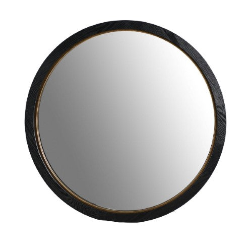 Black Oak & Gold Round Mirror - Oak Veneer - 91cm