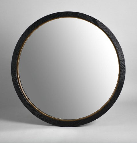 Black Oak & Gold Round Mirror - Oak Veneer - 91cm
