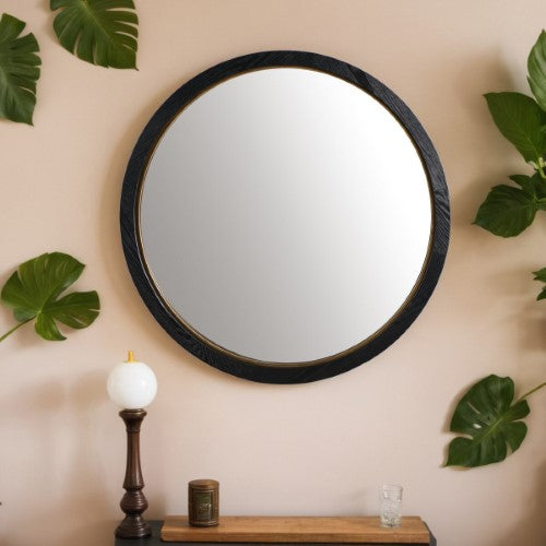 Black Oak & Gold Round Mirror - Oak Veneer - 91cm