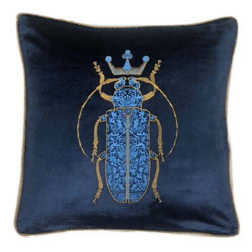 Cushion Cover - Hand Embroidered - Blue with Blue Bug