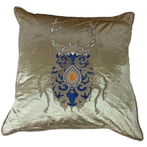 Cushion Cover - Hand Embroidered - Gold with Gold & Blue Bug