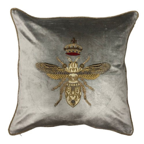 Cushion Cover - Hand Embroidered - Platinum with Gold Bee