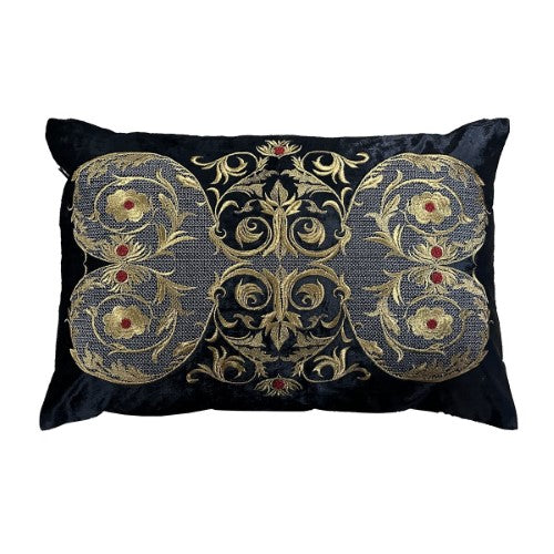 Cushion Cover - Hand Embroidered - Black with Antique Gold Design