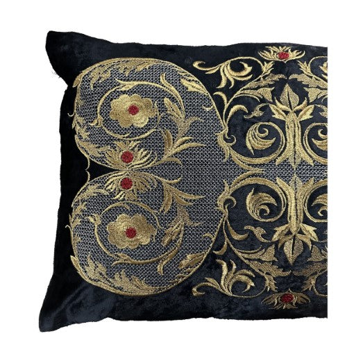 Cushion Cover - Hand Embroidered - Black with Antique Gold Design