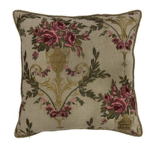 Cushion Cover - Hand Embroidered - Pink & Gold Chambrey