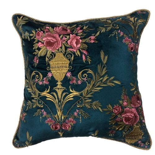 Cushion Cover - Hand Embroidered - Ponk & Gold On Blue Chambrey