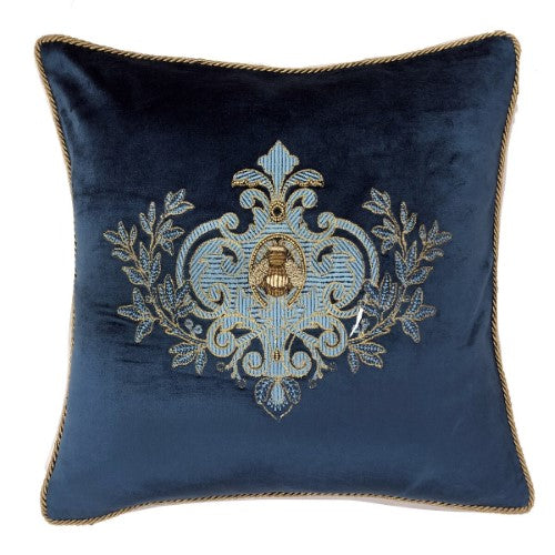 Cushion Cover - Hand Embroidered - Teal with Blue Wreath