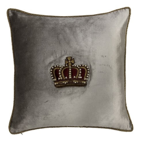 Cushion Cover - Hand Embroidered - Platinum with Gold Crown