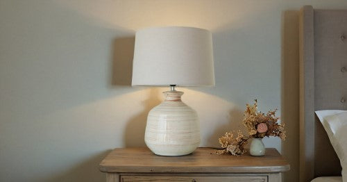 Glazed Ceramic Lamp with Linen Shade