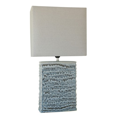 Blue Glazed Ceramic Lamp with Linen Shade - 70cm
