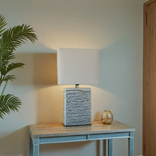 Blue Glazed Ceramic Lamp with Linen Shade - 70cm