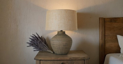 Brown Ceramic Lamp with Hessian Shade - 55cm