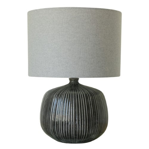 Black Glazed Ceramic Lamp with Grey Linen Shade