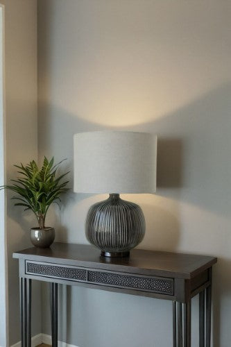 Black Glazed Ceramic Lamp with Grey Linen Shade