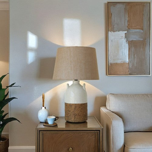 Antique Ceramic Lamp with Hessian Shade