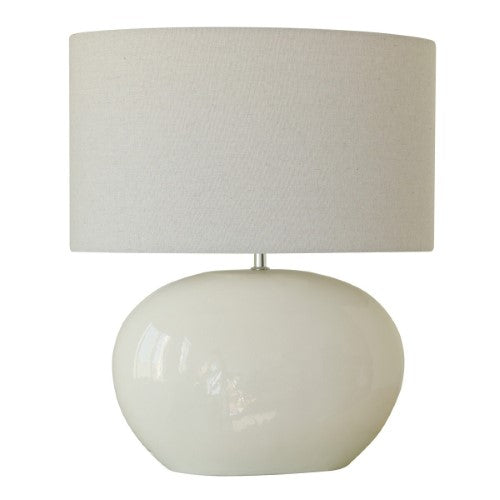 Glazed White Ceramic Lamp with Linen Shade