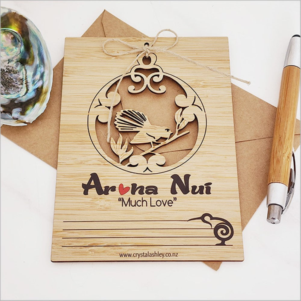 Vertical Bamboo Postcard - Aroha Nui Fantail (15.6 x 11cm)