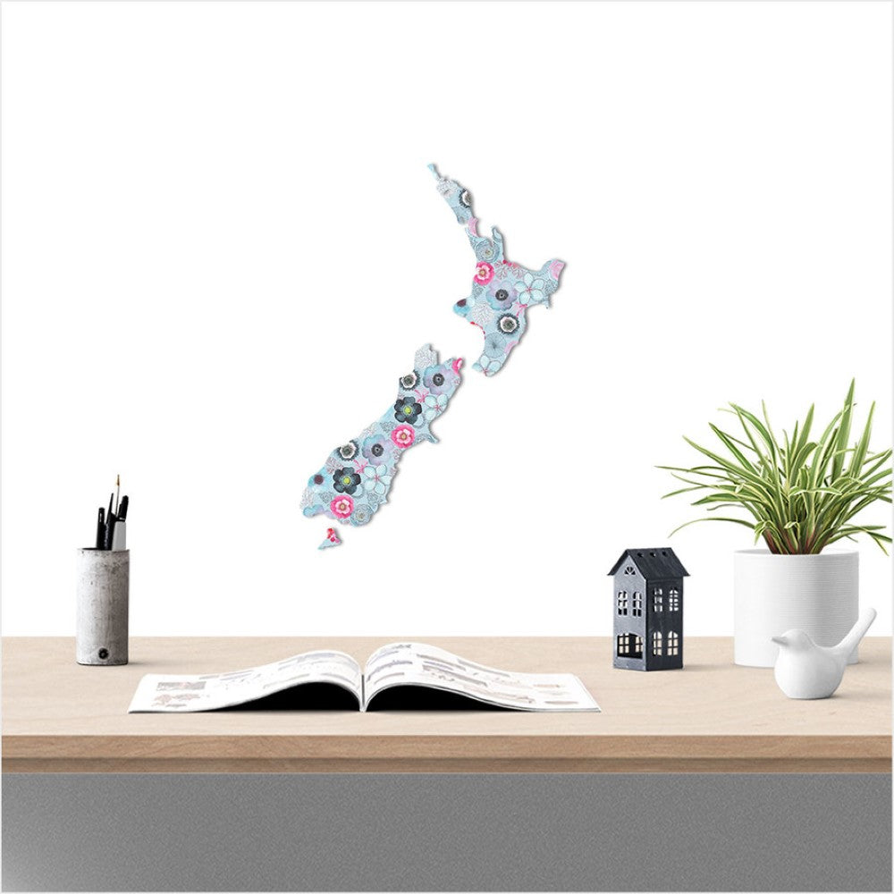 Wall Art - Small NZ Blue Floral Pattern NZ Map ( 39W x 55cmH)