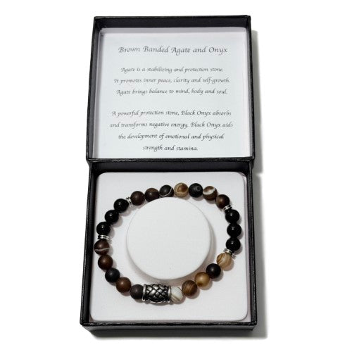 Men's Bracelet - Matte Brown Banded Agate Onyx & Hemp Knot Bucket Bead