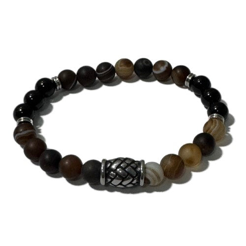 Men's Bracelet - Matte Brown Banded Agate Onyx & Hemp Knot Bucket Bead