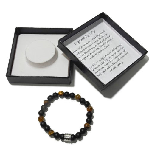 Men's Bracelet - Matte Onyx+Tiger Eye & 4 Ring Bead