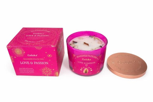 Infused Candle - Goloka Manifestations Love & Passion 9oz Gemstone (Rose Quartz)