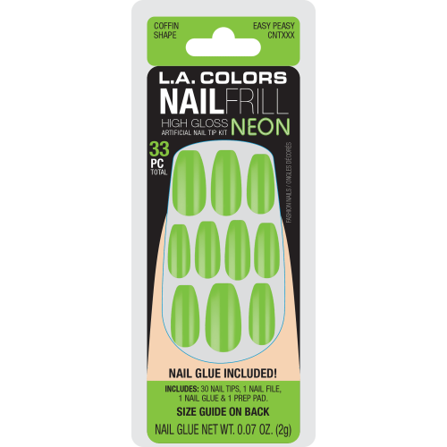 Nail Tips Kit w/Glue - LA Colors 33pc Nail Frill Neon (Easy Peasy)