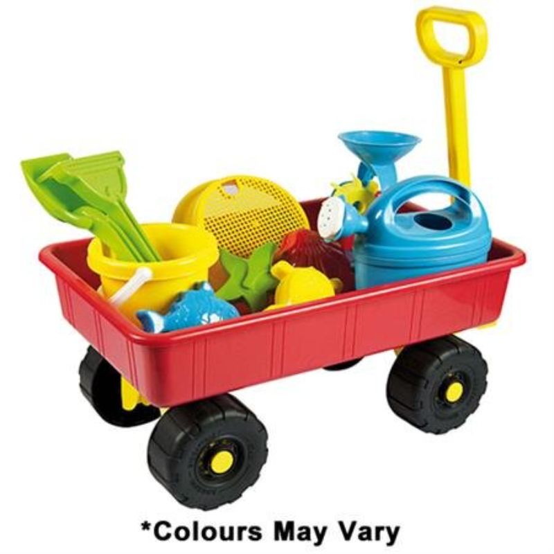 Colorful trolley with sand and water play items, including a bucket, watering can, and mini wheel for summer fun.
