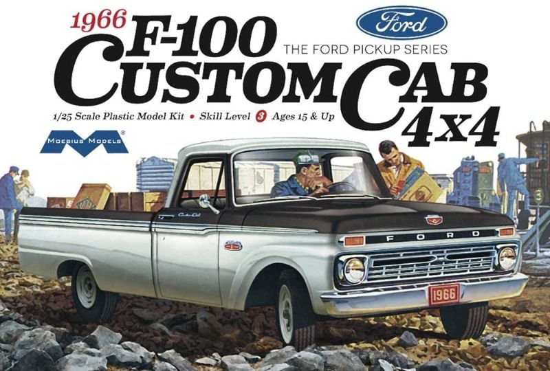 1966 Ford F100 Custom Cab 4x4 Truck plastic kitset, featuring detailed parts for easy assembly and authentic model-building fun.