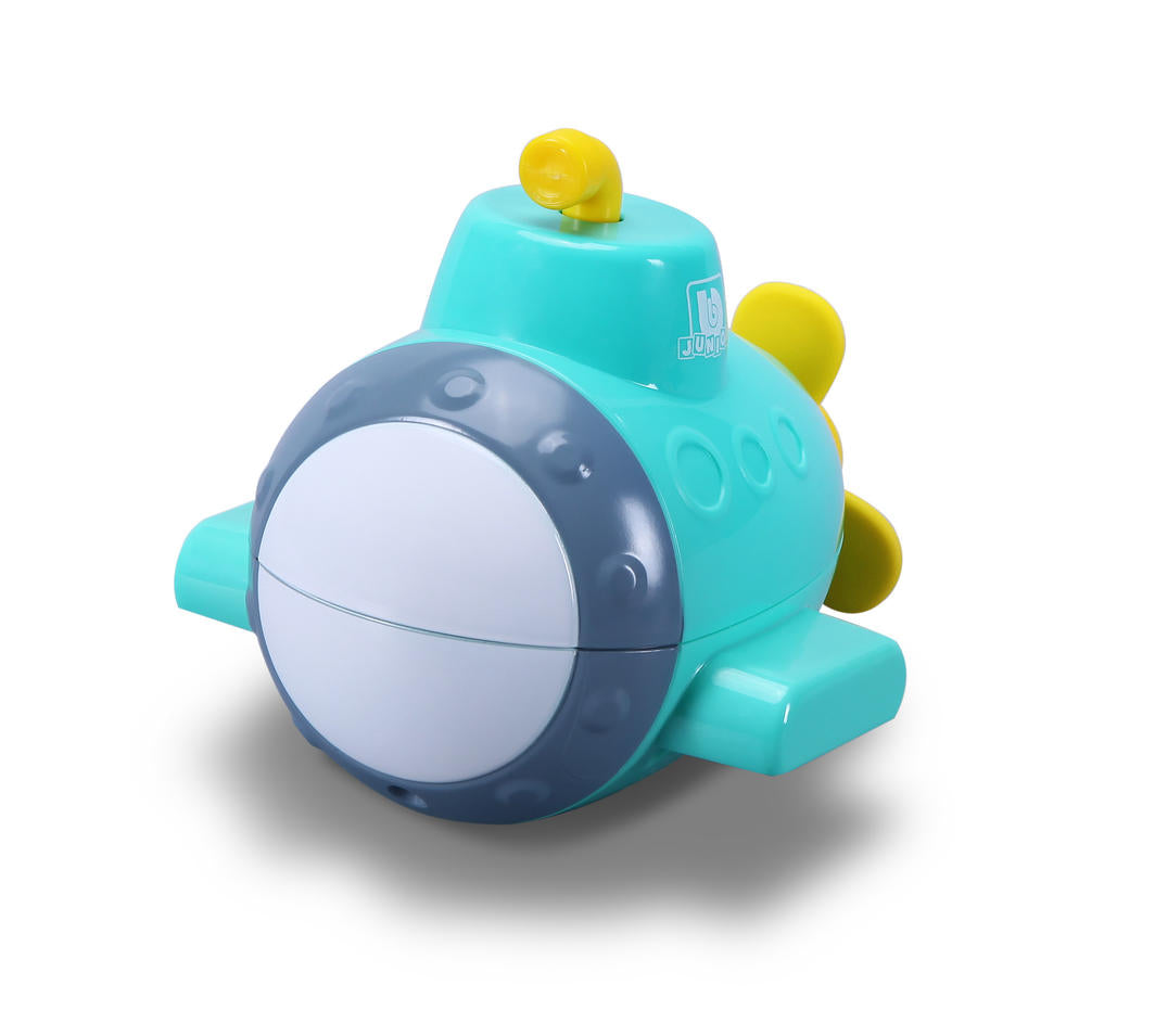 Colorful submarine projector creates sea life projections for kids' bath time fun and imaginative water play.