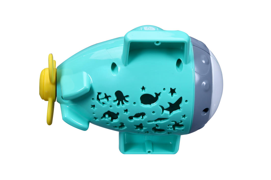 Colorful submarine projector toy for bath time, projecting vibrant sea life images when periscope is pressed. Ages 1+.