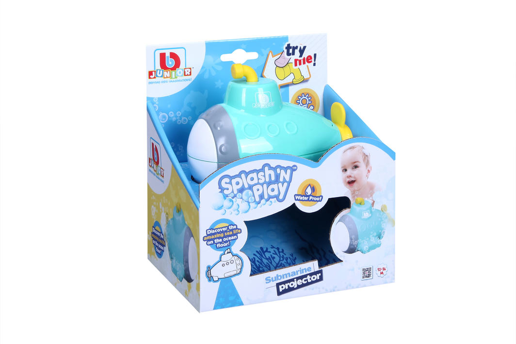 Vibrant underwater submarine projector for kids, projecting sea life during bath time adventures.