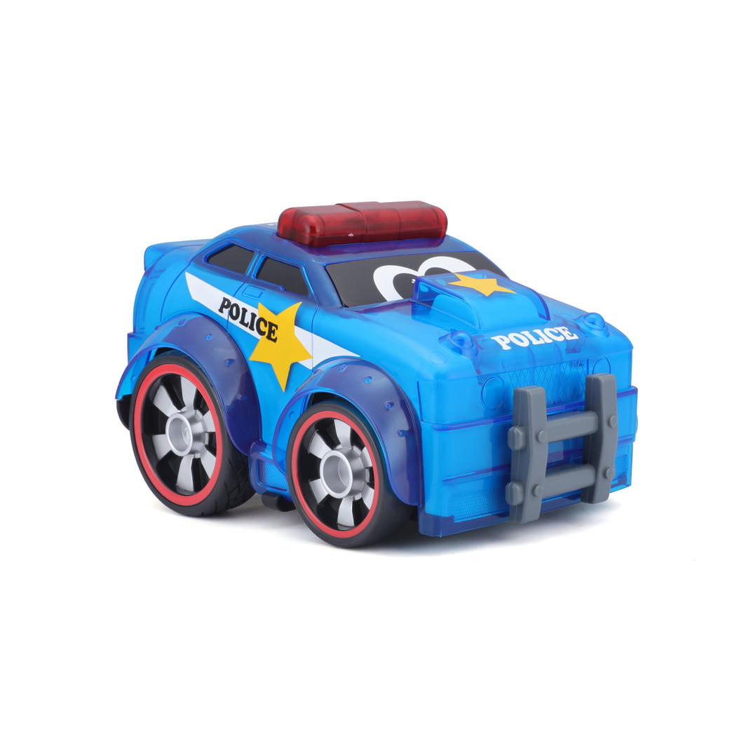 Colorful police car toy with glowing body and sounds, designed to spark imagination and support sensory development for toddlers.