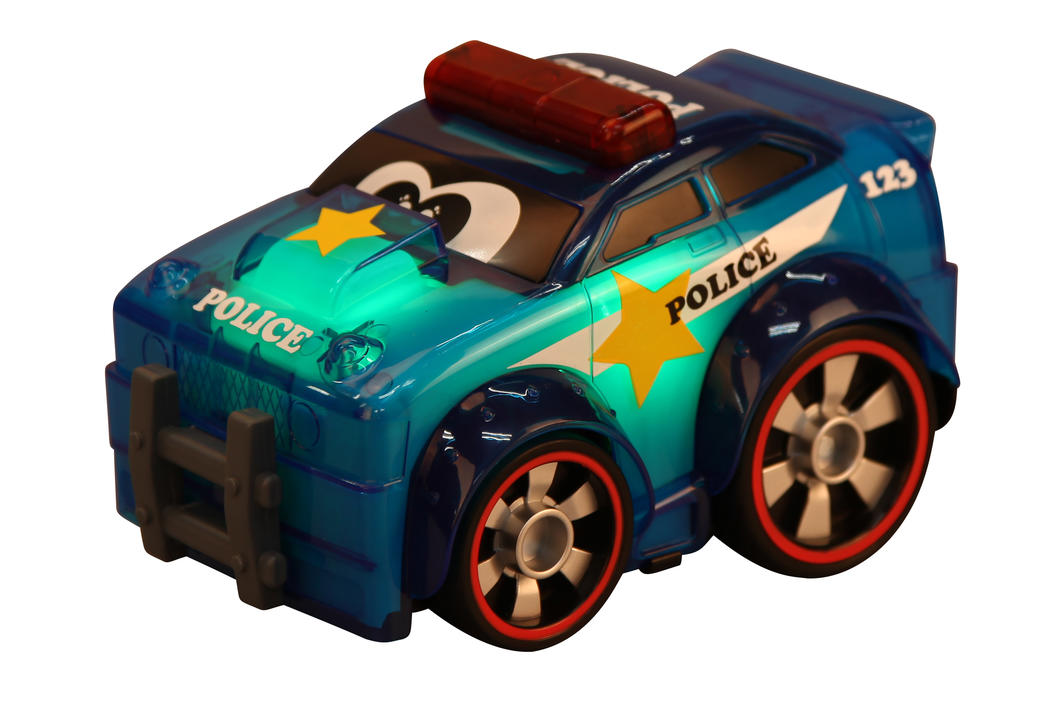 Colorful police car toy with glowing body and sound effects, designed for toddlers to enhance sensory play and imagination.