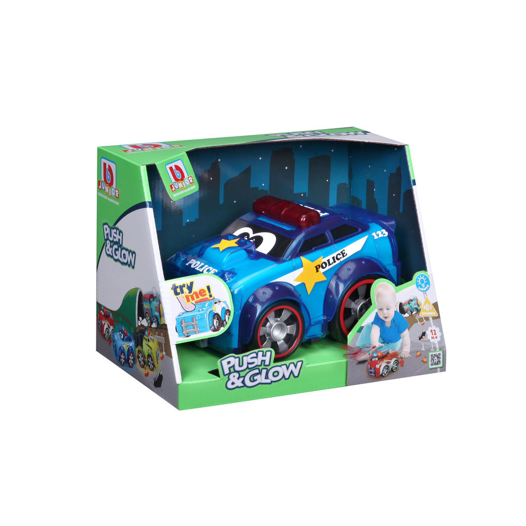 Brightly colored police car toy with glowing body and sound effects, designed for toddlers' sensory play and imaginative fun.