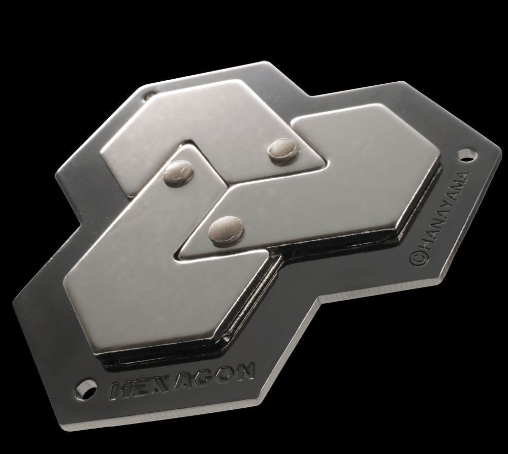 Huzzle Puzzle: Hexagon - a Level 4 brain teaser with 3 hexagonal pieces in a frame for complex, logical fun.
