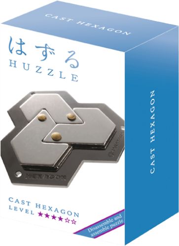 Huzzle Puzzle: Hexagon features three unique hexagon pieces in a frame, designed for level 4 brain-teasing fun.