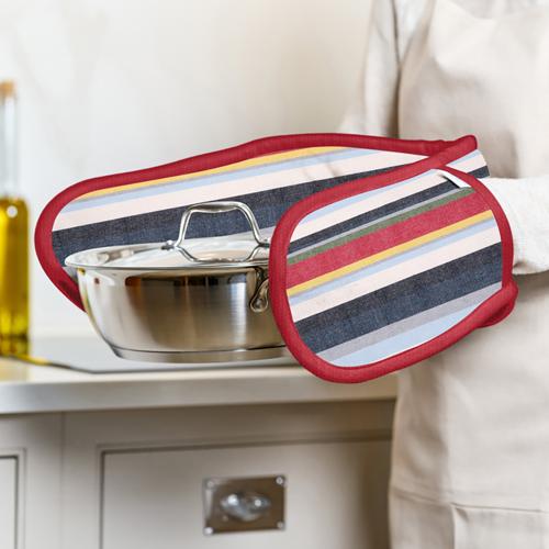 Striped Recycled Cotton Double Oven Gloves - Red - Dexam