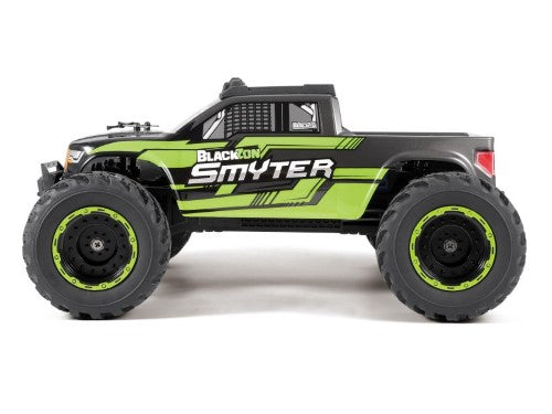 Green 1/12 RTR EP Smyter 4WD MT electric monster truck with adjustable suspension, LED lights, and 2.4GHz radio control.